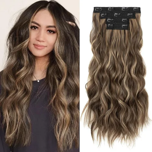 Miniatura 12 de REECHO Extensiones de cabello con pinza, 4 piezas de extensiones de cabello rubio de 24" de largo, ondas de playa gruesas, HE003, trama de encaje