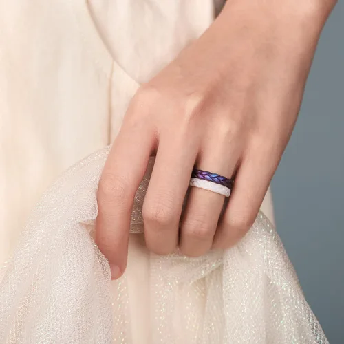 Miniatura 52 de Egnaro Anillos de boda de silicona para ella, conjuntos de novia de goma para mujer, bandas finas, diseño trenzado de hojas apilables con ranuras