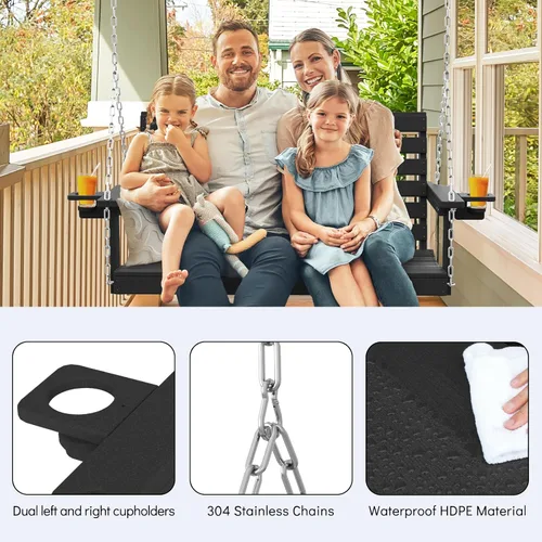 Miniatura 5 de Plawdlik Columpios de porche, silla de patio de 2 asientos con dos portavasos, banco impermeable de polietileno de alta densidad para patio