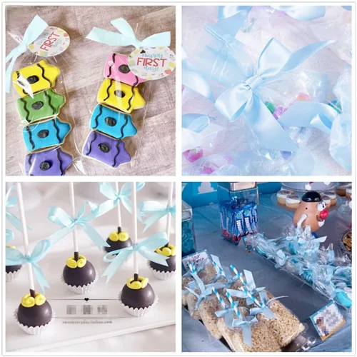 Miniatura 5 de 100 lazos preatados azul satinado de 3 pulgadas con lazos giratorios, bolsas de golosinas, paletas para pasteles y galletas