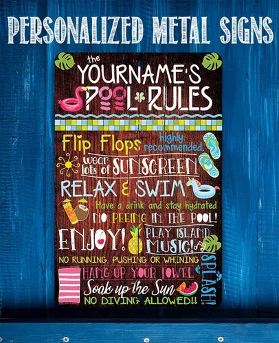 Miniatura 4 de Letreros personalizados de reglas de la piscina, letreros de metal para decoración de piscina exterior divertida - Arte de pared para decoración