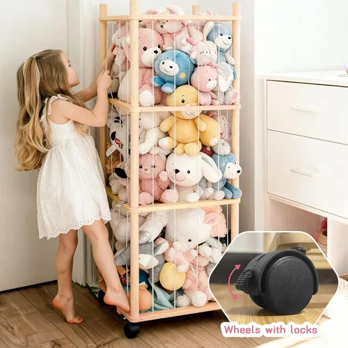 Miniatura 5 de Almacenamiento de Zoológico de Animales de Peluche - Organizador de Juguetes de Madera Maciza Resistente con Ruedas Bloqueables, Fácil