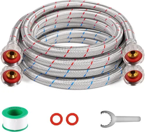 Miniatura 9 de Mangueras para Lavadora, Mangueras de Lavadora con Codo de 90 Grados de 8 pies, Paquete de 2 de 3/4" Acero Inoxidable Trenzado a Prueba