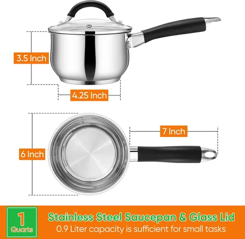 Miniatura 2 de P&P CHEF - Cacerola de acero inoxidable de 1 cuarto de galón con tapa, pequeña olla de leche para cocina multiusos, tapa de vidrio visible y asa