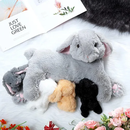Miniatura 5 de HyDren 5 piezas de conejo de peluche con bebés, conejito de peluche de 15 pulgadas con 4 conejos en su vientre, juguetes de peluche suaves