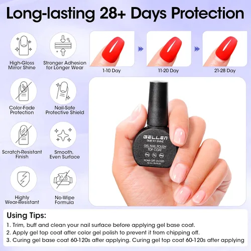 Miniatura 9 de GELLEN Esmalte de uñas de gel base y capa superior de gel, 2 unidades de 0.4 fl oz, capa superior de gel que no se limpia y capa base fuerte, sin
