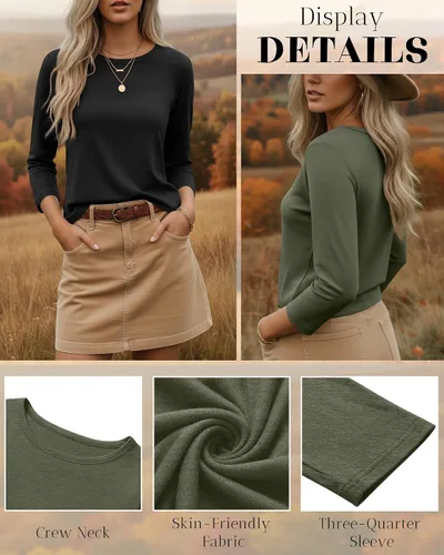 Miniatura 5 de Ficerd Paquete de 3 camisetas de manga 3/4 para mujer, cuello redondo, camisetas básicas elegantes, casuales, modernas, holgadas
