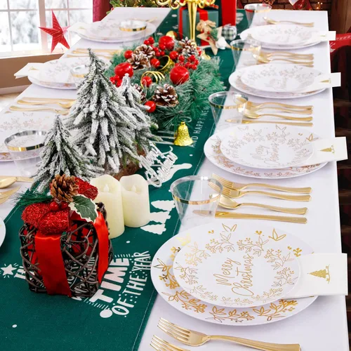 Miniatura 6 de Nervure 175 piezas de platos de plástico de Navidad - Juego de platos desechables blancos y dorados incluye 25 platos de cena, 25 platos de postre
