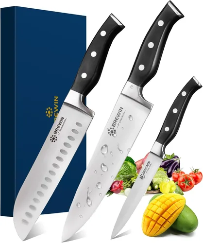 Brewin Cuchillos de cocina profesionales, juego de cuchillos de chef de 3 piezas, cuchillos afilados para cocina, acero inoxidable de alto carbono,