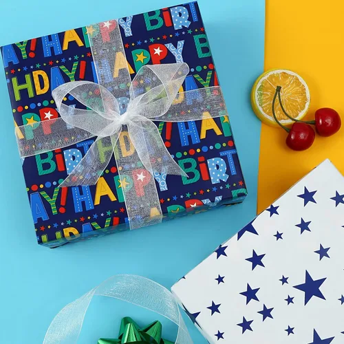 Miniatura 7 de AUCLAY Papel de regalo reversible de cumpleaños para niños, niñas, adultos, baby shower, vacaciones, diseño colorido de letras y estrellas de feliz