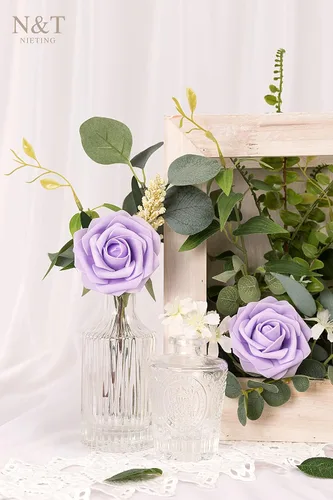 Miniatura 294 de N&T NIETING Flores artificiales, rosas artificiales de color rosa intenso, 50 piezas de flores falsas con tallo para ramos de boda DIY, centros