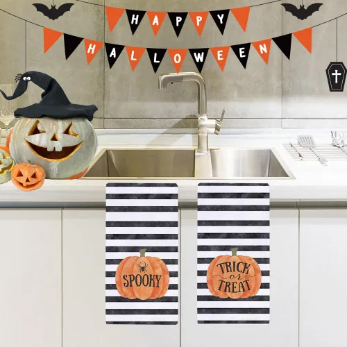 Miniatura 5 de Secarond Juego de 2 paños de cocina espeluznantes de Halloween de 18 x 28 pulgadas, juego de 2, paños de cocina de Halloween a rayas para cocinar