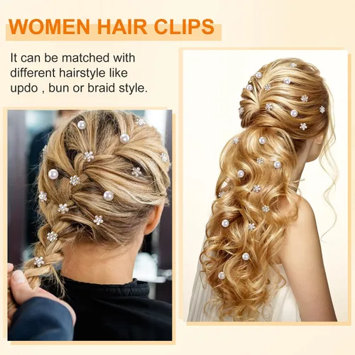 Miniatura 6 de OIIKI 50 clips de joyería para el cabello con diamantes de imitación brillantes – espiral, flor de perla, accesorios decorativos para novia, dama