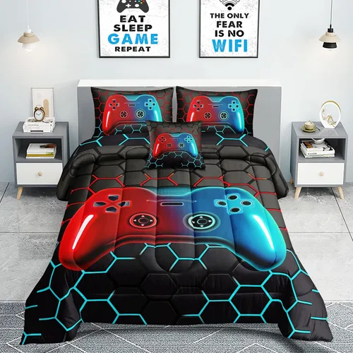 Miniatura 8 de ROWADALO Juego de ropa de cama en una bolsa de 5 piezas para niños y adultos, juego de edredón para jugadores, juego de cama individual con edredón