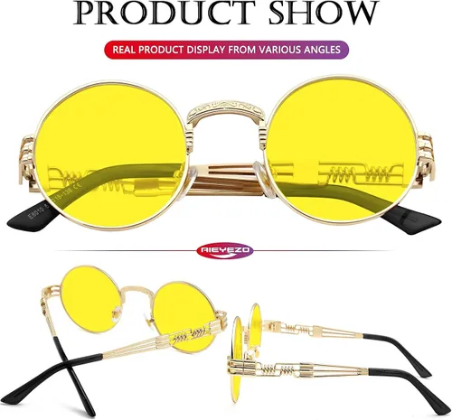 Miniatura 6 de AIEYEZO Gafas de sol redondas steampunk Circle Lennon Hippie, marco de metal, lente de bloqueo UV 100%