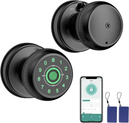 BIWIBON Pomo de puerta inteligente 5 en 1, perilla de puerta de huellas dactilares con control de aplicación, cerradura inteligente de puerta de