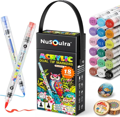 Marcadores de pintura acrílica, 18 colores, doble punta, control automático de tinta, puntas finas y de pincel, rotuladores acrílicos con estuche,