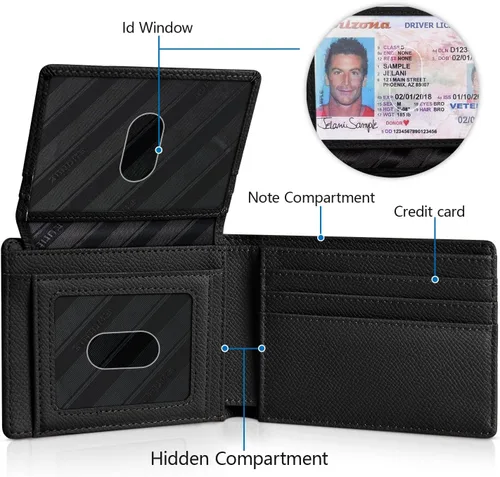 Miniatura 4 de RUNBOX Cartera para hombres Slim Rfid Leather 2 ID Window con caja de regalo, Palm-negro, Minimalista