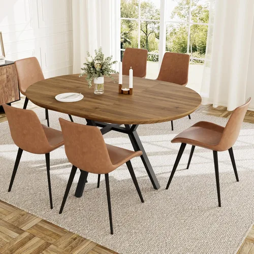 Miniatura 7 de HIPIHOM Juego de mesa de comedor redonda extensible para 6 personas, mesa de cocina extensible de 43.3 a 59.1 pulgadas con 6 sillas tapizadas, Mesa
