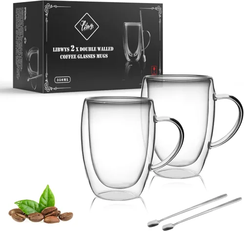 Miniatura 8 de LIBWYS Paquete de 6 Tazas de Café de Vidrio de Doble Pared, Tazas de 12oz para Espresso Cappuccino Latte Té con Asa, Vasos Transparentes