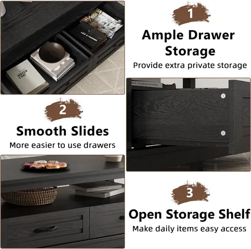 Miniatura 5 de GarveeHome - Mesa de café de estilo granja con cajones, mesa de centro rústica de 47.2 pulgadas, mesa de sala de estar negra, con estante abierto