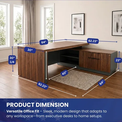 Miniatura 2 de OfficeSimpli - Escritorio ejecutivo en forma de L con cajones, 64 x 63 x 30 pulgadas, fabricado en Estados Unidos, envío mayormente ensamblado
