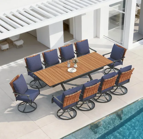 Miniatura 28 de Grand patio Juego de comedor de exterior de 5 piezas, 4 sillas de patio giratorias de mimbre con aspecto de cuero y 1 mesa de comedor cuadrada