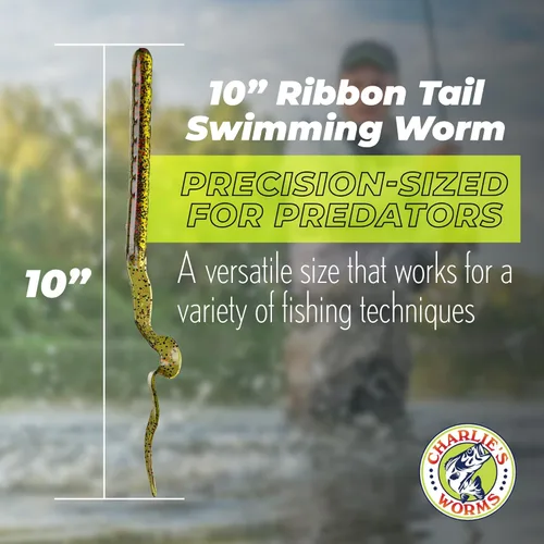 Miniatura 5 de Charlie's Worms Señuelos artificiales de cebo de pesca de 10 pulgadas con cola de cinta, para agua dulce y salada, con bajo suave, perfumado, JW