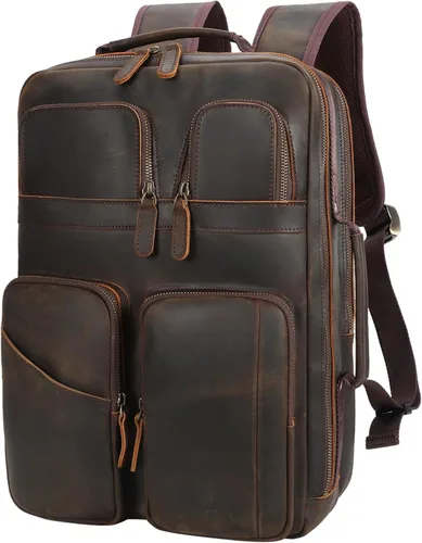 Miniatura 12 de TIDING Mochila para portátil de cuero de grano completo de 17.3 pulgadas para hombres, multibolsillos, casual, mochila de viaje de negocios, Marrón