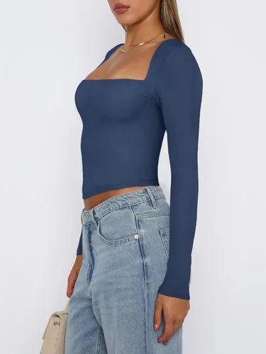 Miniatura 2 de REORIA Camiseta corta sexy de manga larga con cuello cuadrado para mujer Y2K