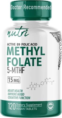 Nutri 5-MTHF L Metilfolato 15MG - Suministro para 4 meses, 120 tabletas veganas - Suplemento de folato metilado - Función cognitiva, salud cardíaca,