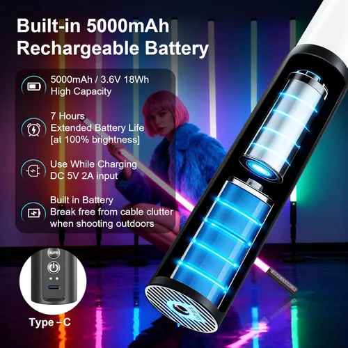 Miniatura 6 de Paquete de 6 tubos de luz RGB con soporte de 4 pies, varita de luz LED de 5000 mAh, 5000 mAh, 500 efectos de iluminación, barra LED portátil