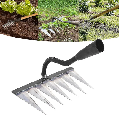 Miniatura 7 de Rastrillo de jardín, herramientas de jardinería rastrillo resistente con 5 dientes de metal, herramientas de deshierbe de jardín de borde afilado