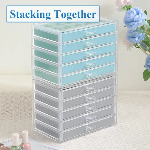 Miniatura 4 de misaya Organizador de joyas de aretes, caja de joyería de acrílico transparente con 5 cajones para mujeres, soporte de terciopelo para aretes