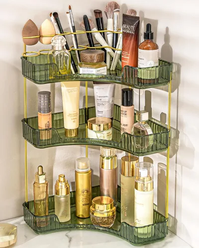 Miniatura 9 de NATURE'S SOURCE Organizador de maquillaje para tocador, organizador de baño de esquina de 2 niveles con soporte para brochas de maquillaje