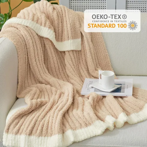 Miniatura 5 de Snuggle Sac Manta suave y acanalada beige para sofá, lujosa manta de punto mullida y acogedora para todas las estaciones, manta netural reversible