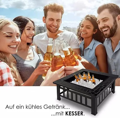 Miniatura 3 de Mesa para hoguera de 32 pulgadas para exteriores, hoguera de leña con cubierta impermeable, pantalla de chispas y parrilla, parrilla cuadrada