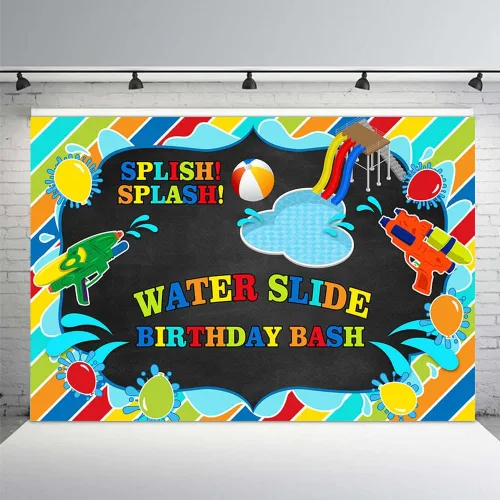 Miniatura 2 de MEHOFOND Tobogán acuático para niños, telón de fondo de fiesta de cumpleaños, salpicaduras, pizarrón, fiesta, verano, piscina, pistola, fondo