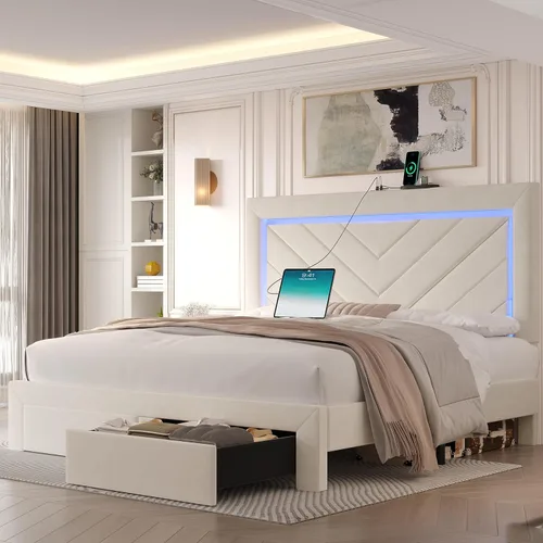 Miniatura 3 de Base de cama tamaño Queen con cabecera ajustable y cajón de almacenamiento, marco de cama tapizado Queen con luces LED RGB y estación de carga