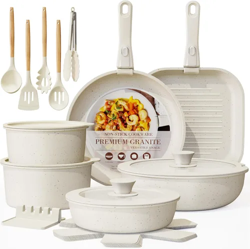 Astercook Juego de 23 ollas y sartenes antiadherentes, juego de utensilios de cocina de cerámica, mango desmontable, juego de cocina de Blanco crema