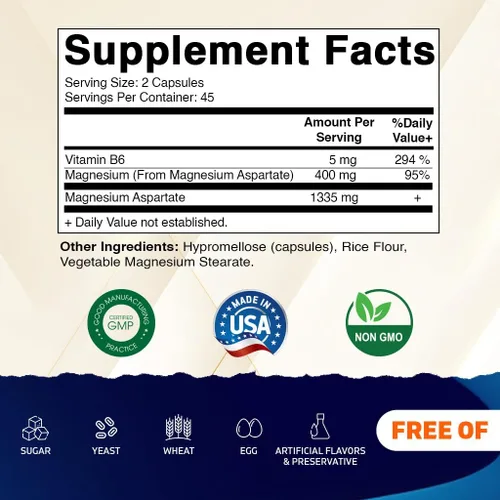 Miniatura 2 de Vitamatic Aspartato de magnesio 400 mg por porción - 90 cápsulas vegetarianas - B6 añadido para una máxima absorción - Apoya la salud muscular
