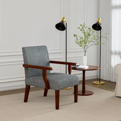 Miniatura 7 de Juego de 2 sillas decorativas, sillas tapizadas de lino con mesa redonda de madera, silla moderna para sala de estar, dormitorio y oficina (gris)