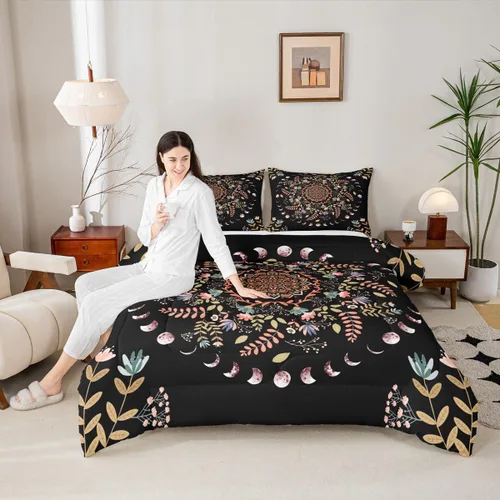 Miniatura 24 de Juego de edredón de champiñones para niños, tamaño individual, juego de ropa de cama romántica con sol, luna, cielo estrellado y galaxia, decoración
