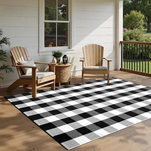 Miniatura 10 de joybest - Alfombra de felpudo tipo búfalo a cuadros de 27.5 x 43 pulgadas en negro y rojo; alfombra de algodón tejida a mano para puerta delantera
