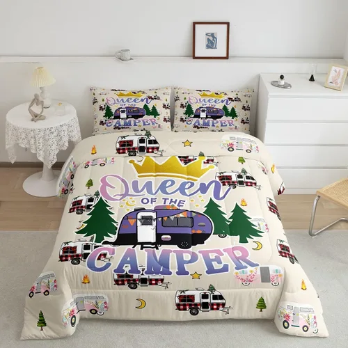 Miniatura 12 de Happy Camping - Juego de edredón de 3 piezas, tamaño Queen, retro, azul, rojo, blanco, rayas de madera, para niños, adolescentes, adultos, Multi 19