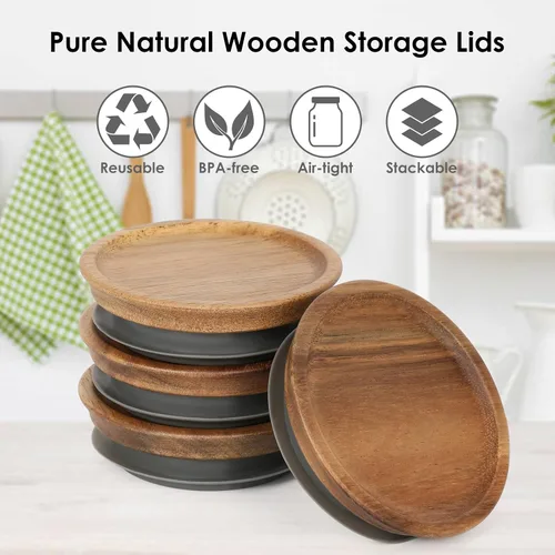 Miniatura 3 de Paquete de 6 tapas de boca ancha para frascos Mason, tapas de almacenamiento de madera reutilizables con sello de silicona para frascos de boca ancha