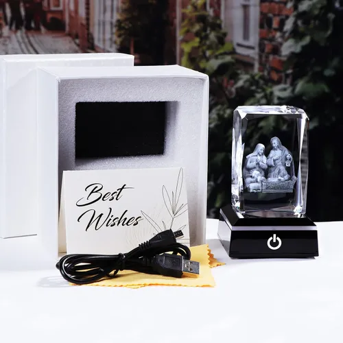 Miniatura 5 de YWHL Figuras de belén de cristal 3D con base colorida grabada con láser, estatuas de la Santa Familia para regalos religiosos para mujeres y hombres