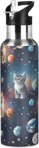 Stainless Steel Vacuum Insulated Water Bottle 20 Oz, Leakproof Water Bottles for Gym Outdoor Travel School, Cute Cats Space