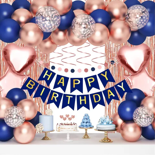 Kit de decoración de cumpleaños azul marino y oro rosa, globos de oro rosa para suministros de fiesta de cumpleaños para mujeres, niñas y hombres,