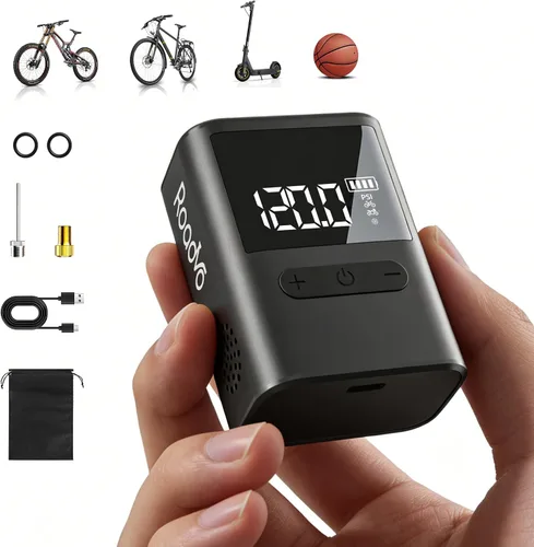 Roadvo Mini bomba de bicicleta de 120 PSI, bomba de bicicleta eléctrica portátil con medidor digital, pequeña bomba de aire con adaptador de válvula